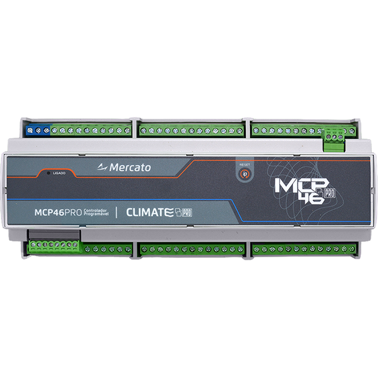 MCP46D-PRO | MERCATO | Controlador programável BACnet e Modbus (26DI/NTC, 4AO, 16DO) com porta Ethernet