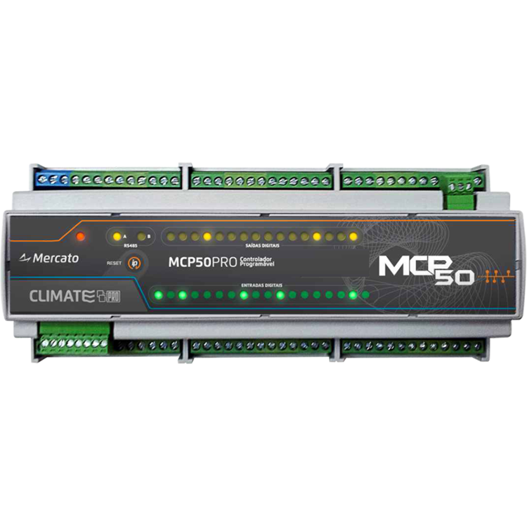 MCP50-PRO | MERCATO | Controlador programável, roteador e gateway Modbus e BACnet (8AI , 18DI/NTC, 8AO, 16DO) com porta Ethernet
